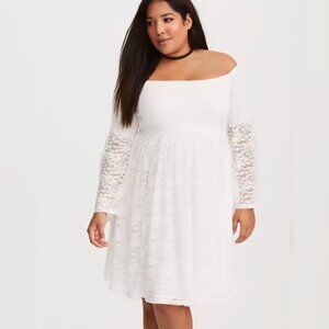 Torrid - 3 Lace Shirred Skater Dress Bell Sleeve Whimsy Off White Plus Size